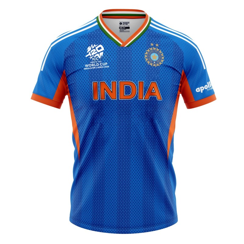 India Blue ODI World Cup 2026 Half Sleeves Cricket Fan Jersey - 100% Dryfit Polyester - With Name Personalisation India Blue ODI World Cup 2026 Half Sleeves Cricket Fan Jersey - 100% Dryfit Polyester - With Name Personalisation