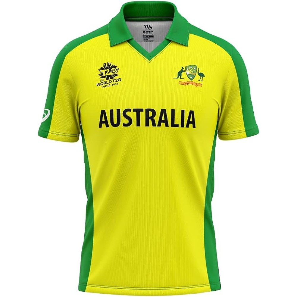 Australia T20 World Cup 2021 Half Sleeves Cricket Fan Jersey - 100% Dryfit Polyester - With Name Personalization Australia T20 World Cup 2021 Half Sleeves Cricket Fan Jersey - 100% Dryfit Polyester - With Name Personalization