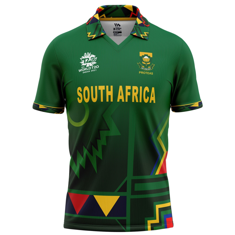 South Africa 2021 T20 World Cup Half Sleeves Cricket Fan Jersey - 100% Dryfit Polyester - With Name Personalization South Africa 2021 T20 World Cup Half Sleeves Cricket Fan Jersey - 100% Dryfit Polyester - With Name Personalization