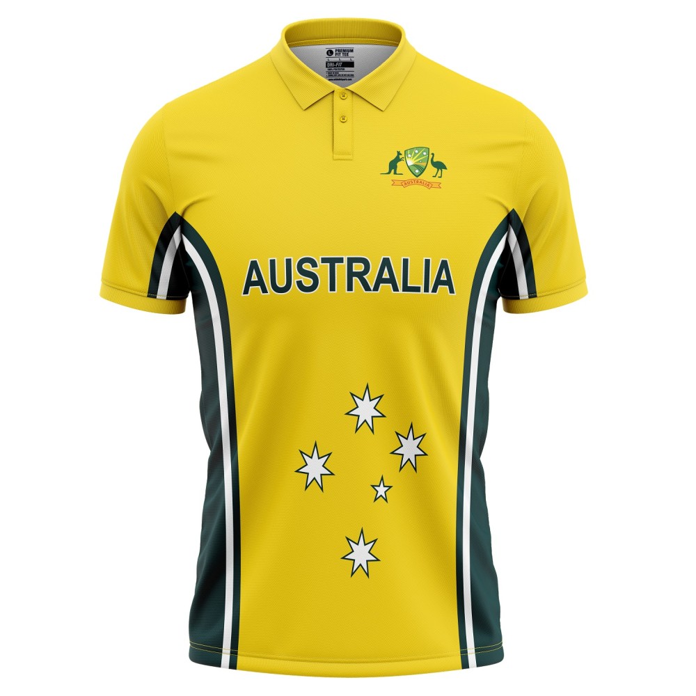 Australia Half Sleeves Cricket Fan Jersey - 100% Dryfit Polyester - With Name Personalization Australia Half Sleeves Cricket Fan Jersey - 100% Dryfit Polyester - With Name Personalization
