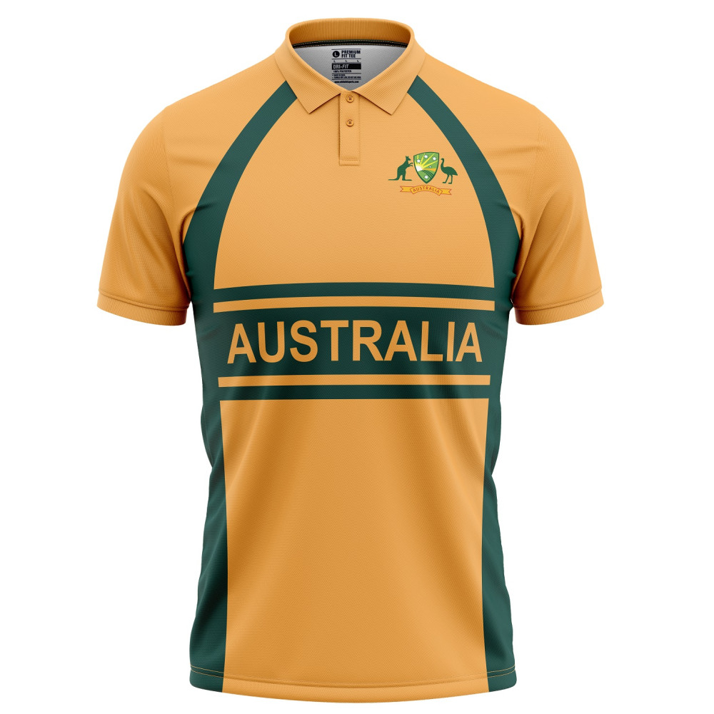Australia Half Sleeves Cricket Fan Jersey - 100% Dryfit Polyester - With Name Personalization Australia Half Sleeves Cricket Fan Jersey - 100% Dryfit Polyester - With Name Personalization