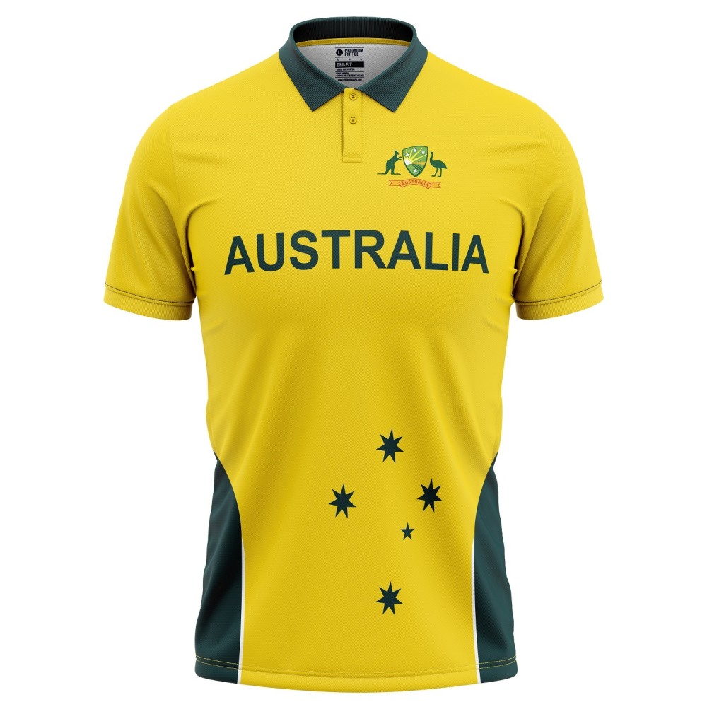 Australia Half Sleeves Cricket Fan Jersey - 100% Dryfit Polyester - With Name Personalization Australia Half Sleeves Cricket Fan Jersey - 100% Dryfit Polyester - With Name Personalization