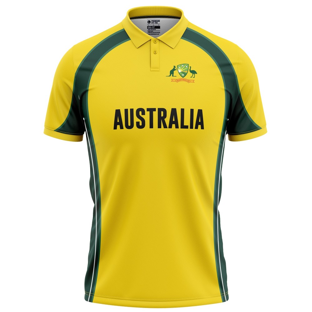 Australia Half Sleeves Cricket Fan Jersey - 100% Dryfit Polyester - With Name Personalization Australia Half Sleeves Cricket Fan Jersey - 100% Dryfit Polyester - With Name Personalization