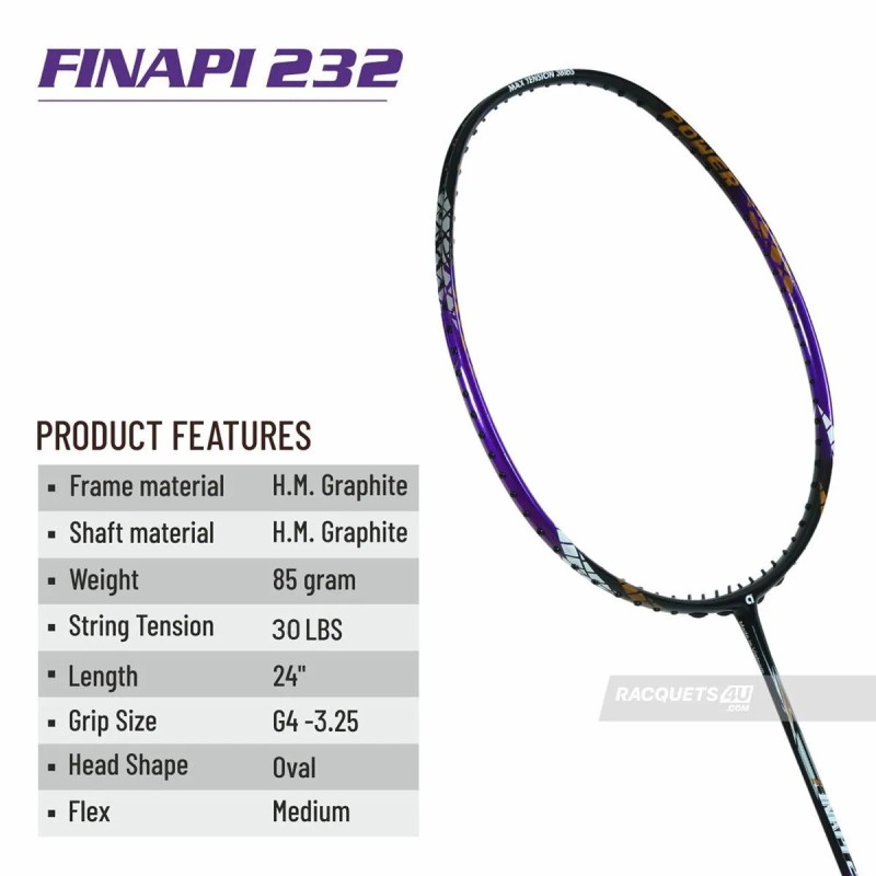 APACS Finapi 232 Badminton Racquet (Unstrung, Purple) APACS Finapi 232 Badminton Racquet (Unstrung, Purple)