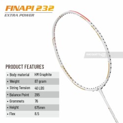 APACS Finapi 232 Xtra Power Badminton Racquet (Unstrung, White) APACS Finapi 232 Xtra Power Badminton Racquet (Unstrung, White)