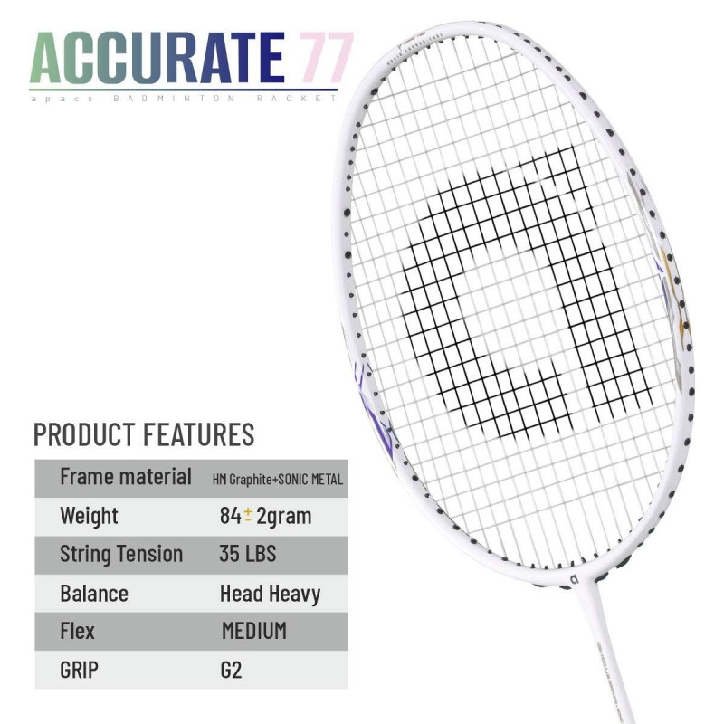 APACS Accurate 77 Badminton Racquet (Unstrung, Pearl White Matte) APACS Accurate 77 Badminton Racquet (Unstrung, Pearl White Matte)
