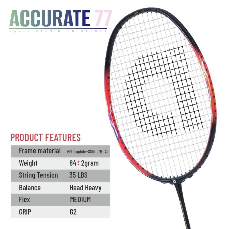 APACS Accurate 77 Badminton Racquet (Unstrung, Red/Black Matte)