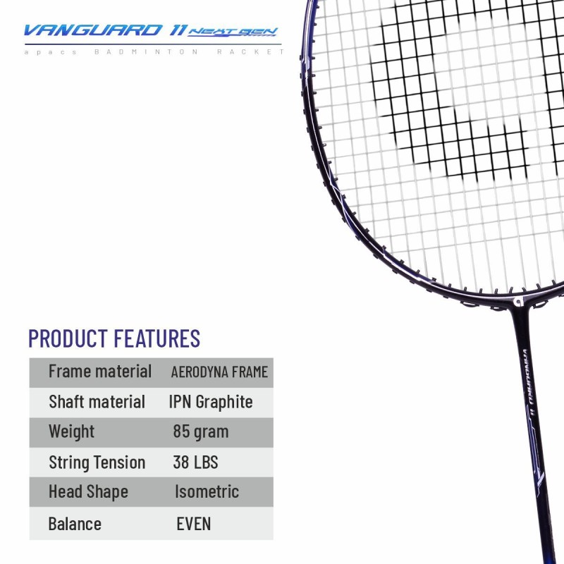 APACS Vanguard 11 Next Gen Badminton Racquet (Unstrung, Black/Royal Silver) APACS Vanguard 11 Next Gen Badminton Racquet (Unstrung, Black/Royal Silver)