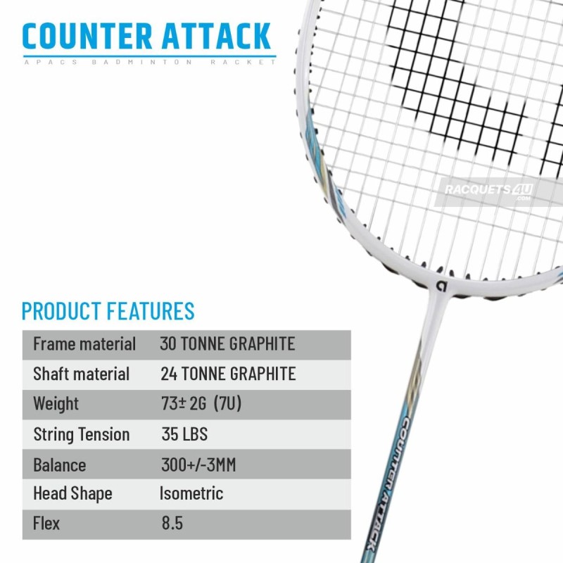APACS Counter Attack Badminton Racquet (Unstrung, White)