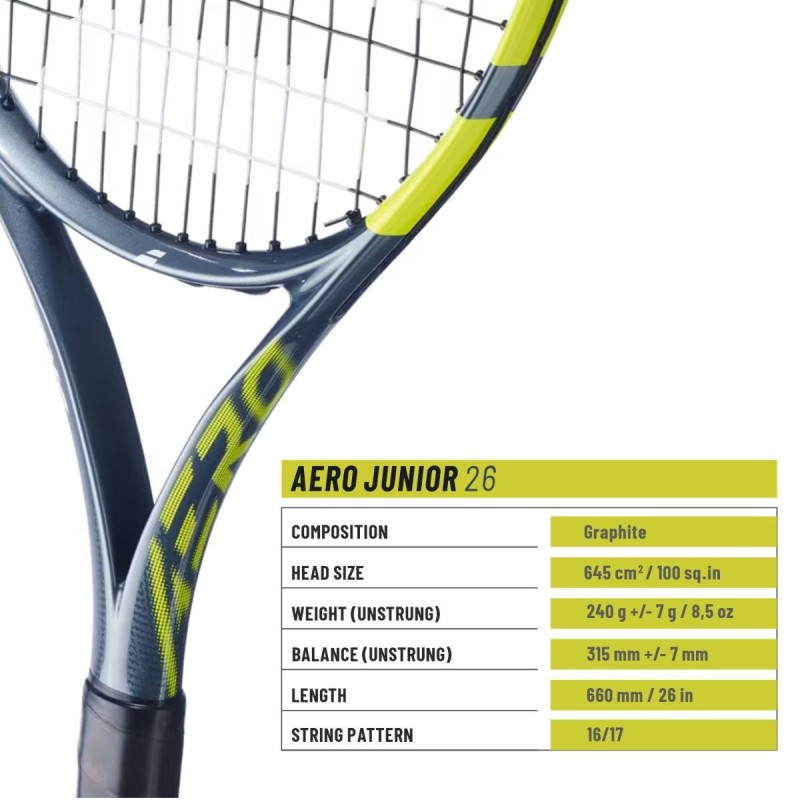 BABOLAT Aero Junior 26 Tennis Racquet (Grey/Flue/Yellow, Strung) BABOLAT Aero Junior 26 Tennis Racquet (Grey/Flue/Yellow, Strung)