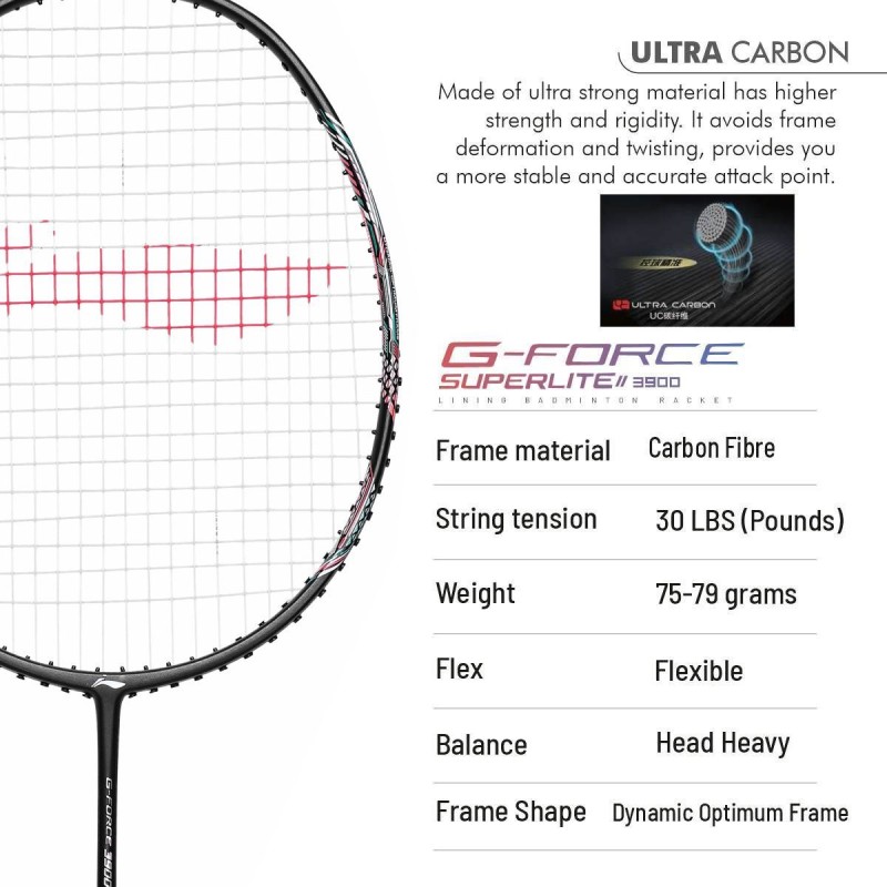 LI-NING G Force 3900 II Superlite Badminton Racquet (Dark Grey, Unstrung) LI-NING G Force 3900 II Superlite Badminton Racquet (Dark Grey, Unstrung)